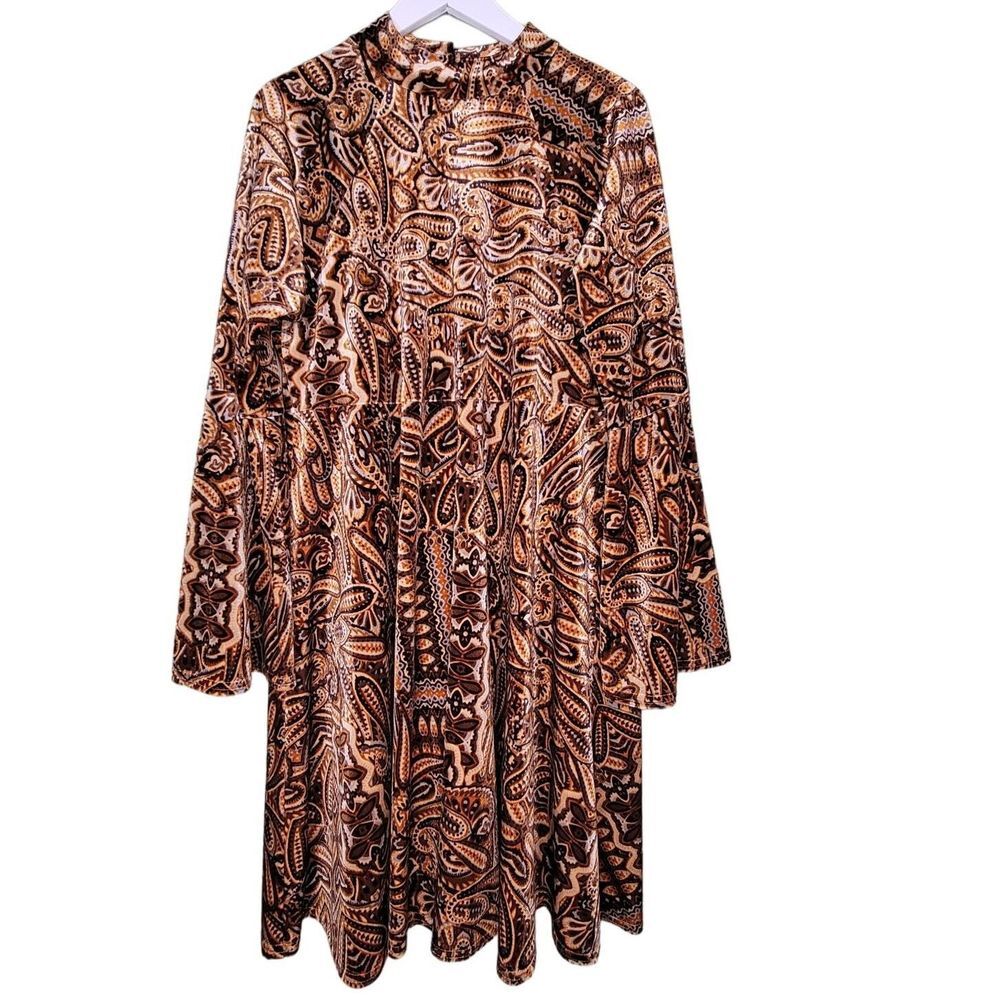 Uncle Frank‎ Velvet Paisley Dress Brown Bell Sleeve 70s Retro Bohemian Hippie M